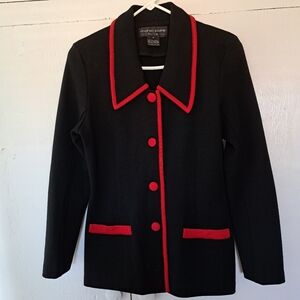 Vintage Andrea Jovine 100% Wool Knit Blazer Pockets Black Red Trim SZ M